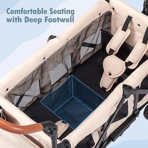 Stroller Wagon for 2 Kids with Footwell, Foldable All-Terrain Wagon Stroller with Adjustable Push/Pull Handle, Parent Organizer, 5-Point Harness, Ideal for Travel & Outdoor Adventures (Clasic Oat) thumbnail 5
