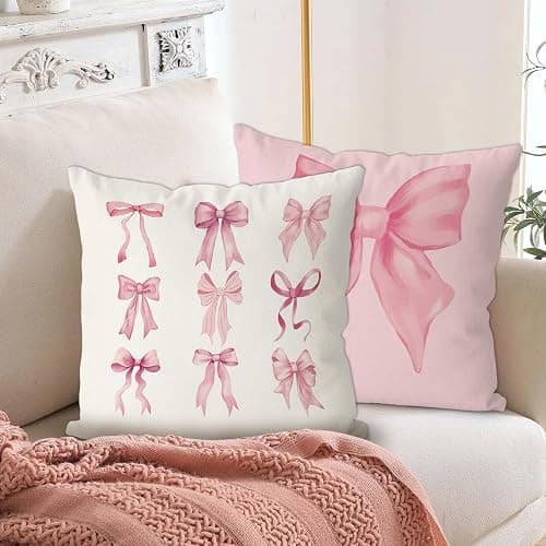 Lebsitey 4Pcs 18×18 Cherry Pillow Covers, Pink Bow Pillow Covers, Girls Room Decorative Pink Pillow Cover for Home Bedroom Living Room Decor Valentine's Day Gift thumbnail 4