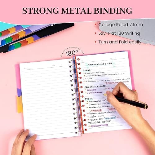 CAGIE 5 Subject Notebook College Ruled with Removable Tabs, Lined Spiral Journals Notebook for Women Men Writing, Notebooks for Work Note Taking School Supplies, A5 - Pink - Pink - 6.2''x8.2'' thumbnail 8