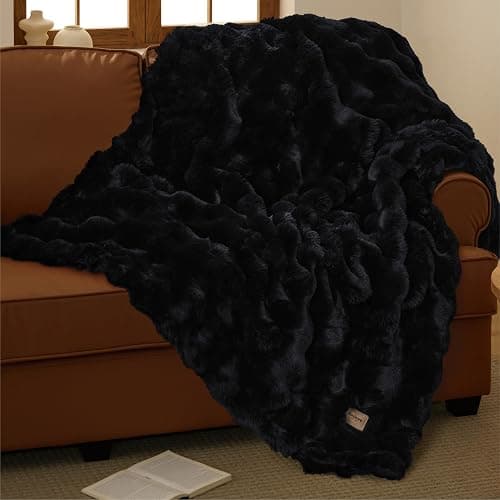 Bedsure GentleSoft Fluffy Faux Fur Throw Blanket for Couch, Soft Fuzzy Bubble Blanket Home Decor Gifts for Bedroom Living Room, Thick Warm Furry Cozy Gifts for Women, Black, 50x60 Inch - Image 1