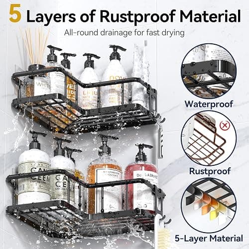 YASONIC Corner Shower Caddy Adhesive, 100% Rustproof Shower Organizer with Soap Holder, No Drill Shower Shelf for Inside Shower, Wall-Mounted Shower Storage for Homes (3 Pack, Black) thumbnail 4
