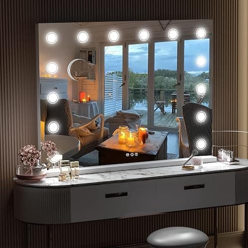 Hasipu Vanity Mirror with Lights, 32" x 24" Makeup Mirror, Light up Mirror with 14 Dimmable LED Lights and 10X Magnification, 3 Colors Modes, Touch Control, USB Charging Port, White thumbnail 6