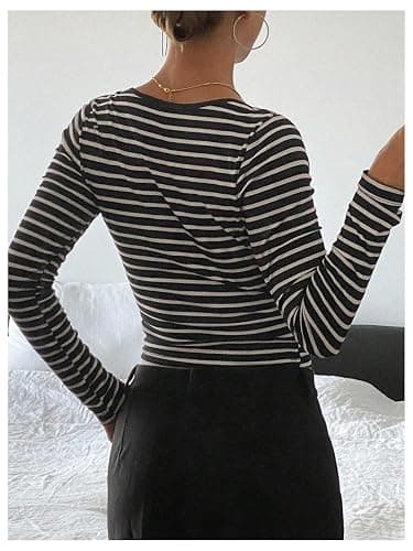 Floerns Women's Striped Print Ribbed Crop Tops Long Sleeve Button Scoop Neck T Shirts thumbnail 2