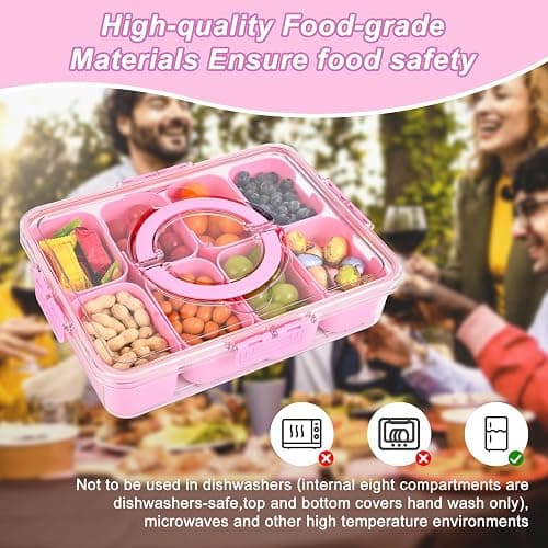 WGBP Snackle Box Container, 8 Compartment Divided Serving Tray with Lid and Handle, Snack Box Container for Candy, Fruit and Snacks, Great for Gatherings, Outings, Parties and Entertaining（Pink） thumbnail 4