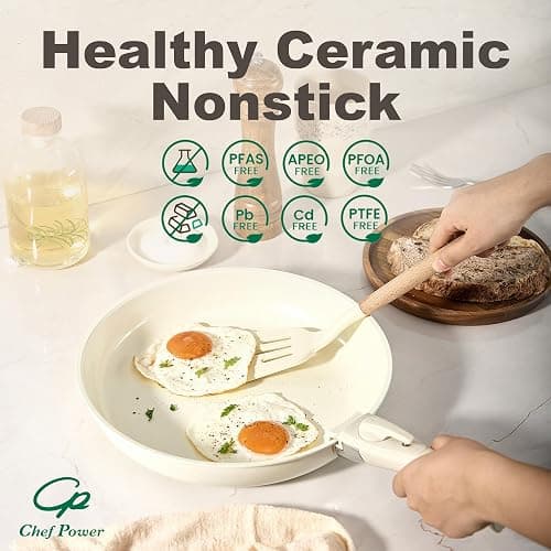 Chef Power Ceramic Cookware Set Non Toxic with Detachable Handles, Healthy Nonstick Pans and Pots Set 19 Pcs, Induction Dishwasher Oven Safe Kitchen Set, PFAS PFOA & PTFE Free, Cream White thumbnail 4