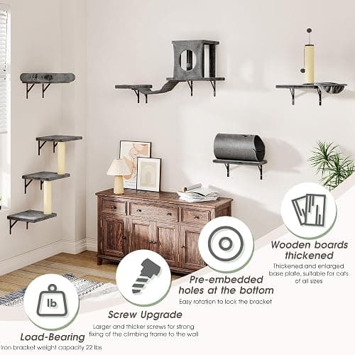 NUNU LAB Wall Mounted Cat Wall Shelves, 14-in-1 Cat Wall Climber with Bridge, Tunnel, House, Scratcher, Steps, Indoor Space-Saving Furniture for Kittens Play, Gray thumbnail 4