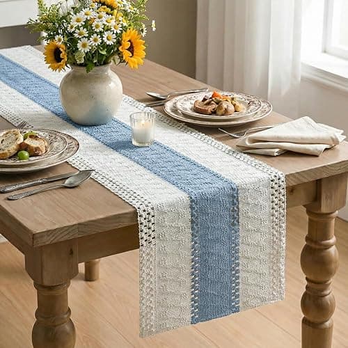 Artoid Mode Sky Blue Farmhouse Rustic Table Runner, Seasonal Holiday Hollow Kitchen Dining Table Decoration for Home Party Decor 12x72 Inch thumbnail 4