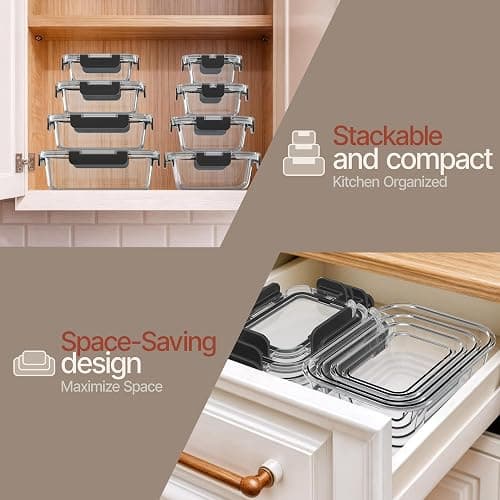 Bakken Borosilicate Glass Food Storage Containers with Lids 24 Pieces, BPA-Free Stackable Lunch & Leftover Containers, Microwave, Freezer & Dishwasher Safe, 100% Airtight Leak-Proof, Black thumbnail 9