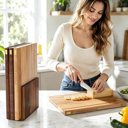 Book Cutting Board Set with Wooden Stand for Home Cooks | 3 Labeled Boards for Fruits Veggies,Meat Fish,Bread Cheese Organized Prep,No Cross Contamination thumbnail 2