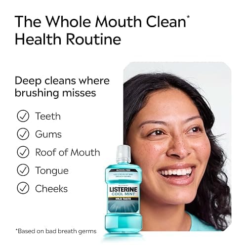Listerine Alcohol-Free Mouthwash, Non Alcoholic Mint Oral Rinse Kills 99.9% of Germs That Cause Bad Breath for a Fresh Breath & Clean Mouth, Less Intense Taste, Cool Mint Flavor, 1 L thumbnail 3