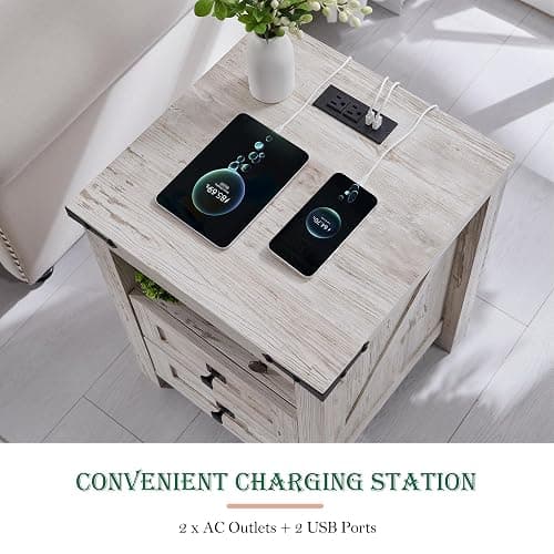 RedLemon 18" Farmhouse Nightstand with Charging Station, Antique Brush White thumbnail 4