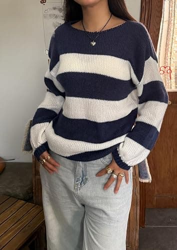 FOMOYUU Women Oversized Striped Sweater Color Block Knit Long Sleeve Sweatshirt Loose Pullover Y2K Preppy Jumper thumbnail 2