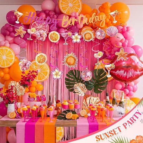 VitalCozy 10pcs Pink and Orange Sunset Birthday Decorations for Women Pink and Orange Happy Birthday Banner, Tropical Tequila Garland and Hanging Swirls Decorations thumbnail 2