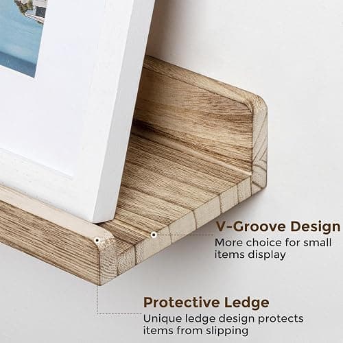 RICHFOCUS Floating Shelves for Wall, 16 inch Solid Wood Picture Ledge Shelf for Wall Storage, Nursery Book Shelves with Lip for Living Room Bathroom Bedroom Kitchen, Set of 3, Carbonized Black thumbnail 4