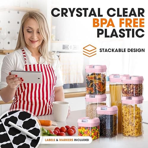 Cheer Collection Stackable Airtight Food Storage Containers - BPA Free Plastic Food Organizer for Pantry with Dry Erase Marker and Labels, Pink (Set of 7) thumbnail 6
