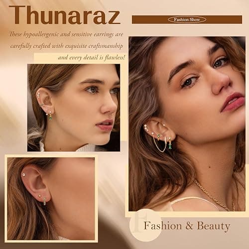Thunaraz Small Gold Hoop Earrings Set for Women - 14K Gold Plated Hypoallergenic Huggie Hoop Studs Earring Stacks for Sensitive Ears - Cartilage Earring Sets for Multiple Piercing 8 Pairs thumbnail 2