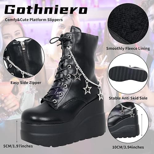Gothniero Platform Goth Ankle Boots for Womem Black Holographic Combat Chunky Heel Boots with Side Zip Lace Up Wedge Booties US5.5-11 thumbnail 4