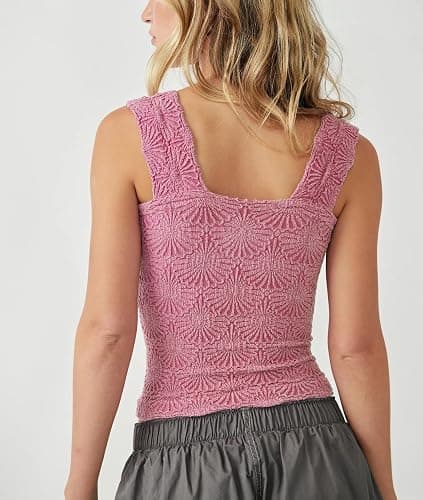 Women's Square Neck Wide Strap Crop Tank Tops Flower Going Out Tops Slim Fit Lettuce Trim Crop Cami Tops thumbnail 2