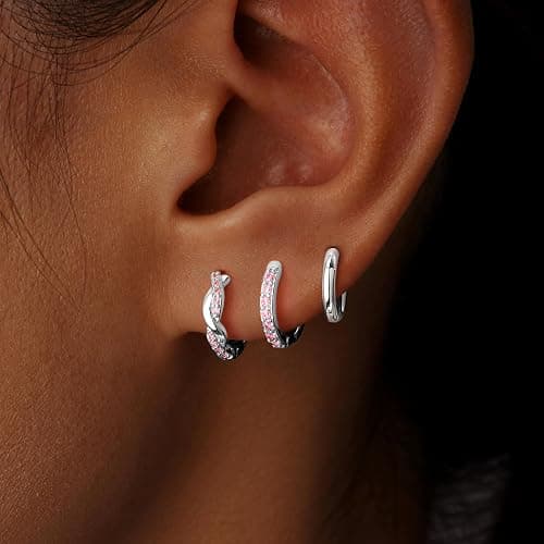 Inerney 14K Gold Plated Huggie Hoop Earrings for Women, Small Sterling Silver Earring Set Hypoallergenic Cartilage Helix Stacks, Mini Dainty Cute Trendy Birthstone Jewelry Gift for Multiple Piercings thumbnail 4