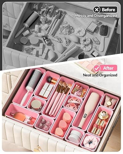 Canfanni 13 Pack Plastic Drawer Organizers Set, 3 Sizes Desk Drawer Organizer Trays for Vanity and Makeup Organizer, Organization and Storage for Makeup, Kitchen Utensils, Bathroom and Office(Pink) thumbnail 5