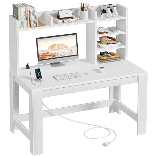 WINAZ 43" White Student Desk with Hutch and Built-in Power Outlet | Computer Writing Desk with Storage Shelves for Small Space, Modern Home Office Workstation for Bedroom Dorm - Image 1