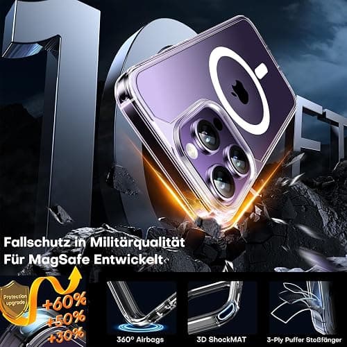 TAURI für iPhone 14 Pro Hülle 6,1" mit Panzer Schutz Glas Folie, Kompatibel mit MagSafe, Schutz nach Militärstandard, [Anti-Vergilbung] Stoßfest Magnetisch Handyhülle - Durchsichtig thumbnail 2