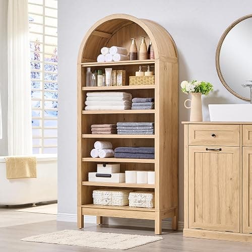 IFGET 71" Tall Arched Bookshelf, 7 Tiers Arch Bookcase with Storage, Modern Farmhouse Book Shelf with Adjustable Shelves, Wood Bookshelf w/Open Display Shelves for Living Room, Office (Natural) thumbnail 6