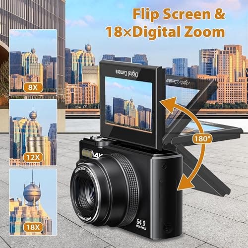 4K Digital Camera for Photography, 4K 64MP Vlogging Camera for YouTube with 3" 180° Flip Screen, Compact WiFi Camera with 18X Digital Zoom, 32GB Micro SD Card & 2 Batteries, Black thumbnail 4