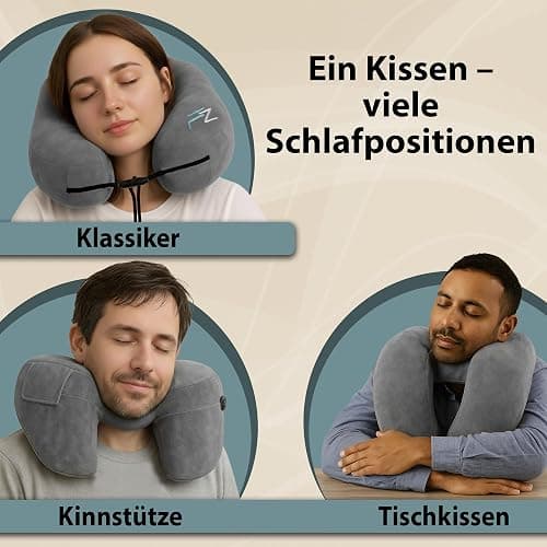 FLOWZOOM AIR Aufblasbares Nackenkissen mit Haube, Grau, L | H-Form, 5 Schlafpositionen, Verstellbare Festigkeit, Waschbarer Bezug, Ohrstöpsel, 260 g leicht thumbnail 4
