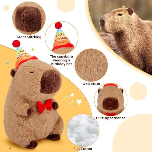 Achwishap Capybara Plush,Cute Plushies Capybara Stuffed Animal,Capybaras Plush Toys,Kawaii Plushie Stuffed Toy with Birthday Hat Plushie Gift for Kids Adults Birthday(Capybara with Birthdays Hat,12”) thumbnail 4