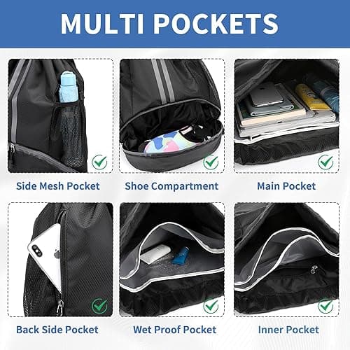 JELUTAR Drawstring Backpack Gym Bag with Shoes Compartment for Soccer, Basketball, Swim, Water-Resistant String Backpack Beach Cinch for Women Men thumbnail 5