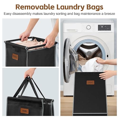Hoctieon 4 Section Laundry Cart, 48 Gal. (182L) Laundry Hamper with Lid, Laundry Basket with Wheels, Rolling Laundry Sorter Organizer with Shelf, Clothes Separator with Removable Bags, Black thumbnail 6
