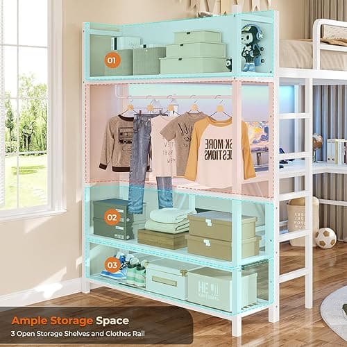Itaar Twin Loft Bed with L-Shaped Desk, LED Lights and Charging Sation, Loft Bed Twin Size with 3-Tier Storage Shelves and Clothes Rail, Safety Guard & Ladder, No Box Spring Needed, White - White thumbnail 4