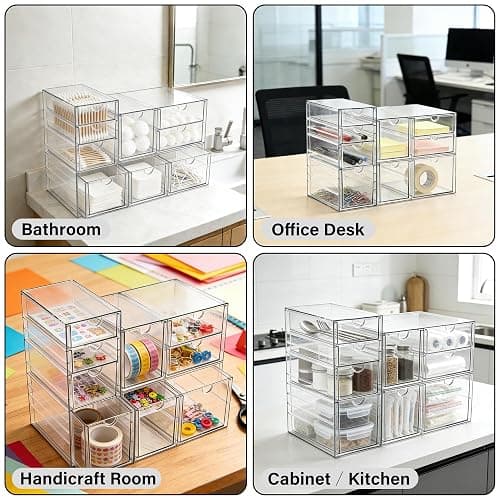 Prsildan Acrylic Drawer Makeup Organizer with 9 Drawers, Set of 3 Office Desk Organizers Accessories, Clear Stackable Storage Drawers for Vanity, Countertop, Craft, Jewelry, Art Supply Organization thumbnail 7