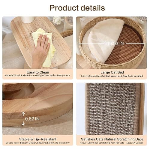 JLDUQKUM Wooden Cat Tree for Large Cat, 49.6IN Tall Cat Tower with Scratching Post for Indoor Cats, Multi-Level Cat Condo with Hand-Woven Cat Bed and Scratching Board Easy to Clean thumbnail 5