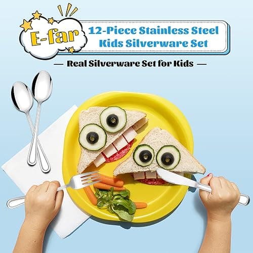 E-far 12-Piece Kids Silverware, Stainless Steel Toddler Kids Utensils Safe for Preschooler/Children, Includes 4 Forks 4 Spoons 4 Knife, Slimline Adult Look & Small Size, Rust Free & Dishwasher Safe thumbnail 7