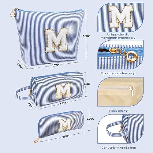 Junesters Personalized Initial Makeup Bag, Embroidered Stripe Travel Cosmetic Case, Large & Small Pouch Set for Women thumbnail 3