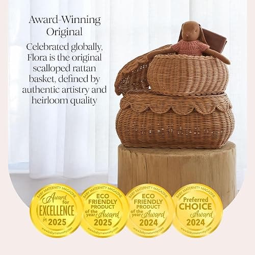 BEBE BASK The Original Scalloped Basket Set Of 2 - Small Scallop Basket - 15 x 10 x 6 In - Hand-Woven & Award-Winning - Elegant Wicker With Scalloped Edge Lid - Nursery Storage - (Mocca) thumbnail 3