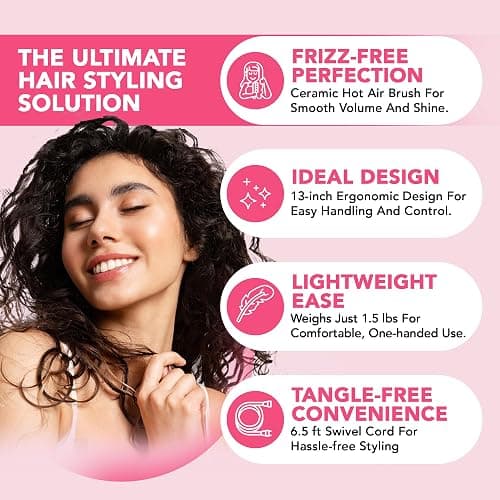 Hair Sensation Pro Blow Dryer Brush, 4 in 1 Styling Tools with ION Generator and Ceramic Coating for Fast Drying Hair Types, Pink thumbnail 6