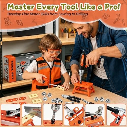 49 PCS Kids Tool Set with Realistic Toy Electric Drill & Storage Box, Construction Worker Dress Up Pretend Play Kit with Washable Vest & Goggles, STEM Educational Builder Gift for Boys Ages 3-7 thumbnail 7