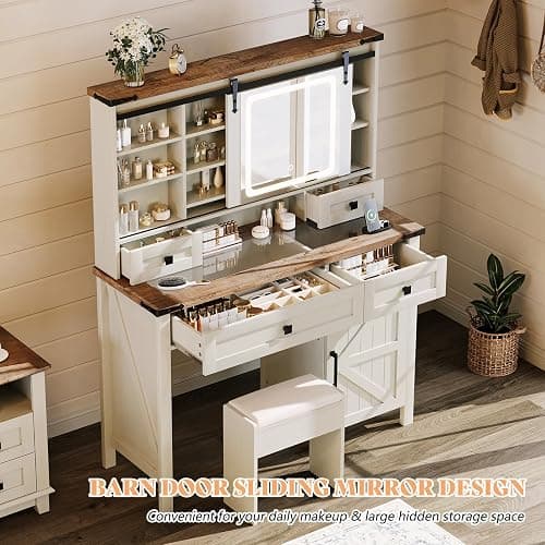 AMERLIFE 42'' Farmhouse Makeup Vanity Desk with Sliding Mirror and Lights, Glass Tabletop Vanity Table with 2 Drawers & Shelves for Bedroom(NO Bench), Antique White thumbnail 6