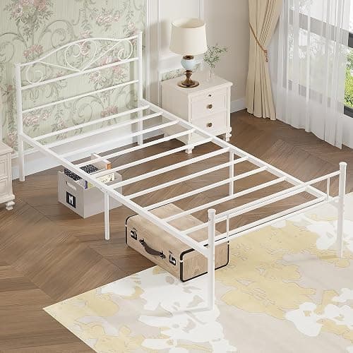 VECELO 14 Inch Twin Size Metal Platform Bed Frame with Headboard and Footboard, Heavy Duty Mattress Foundation with Steel Slats Support, No Box Spring Needed, White - White - Twin - Basic Bed Frame thumbnail 7