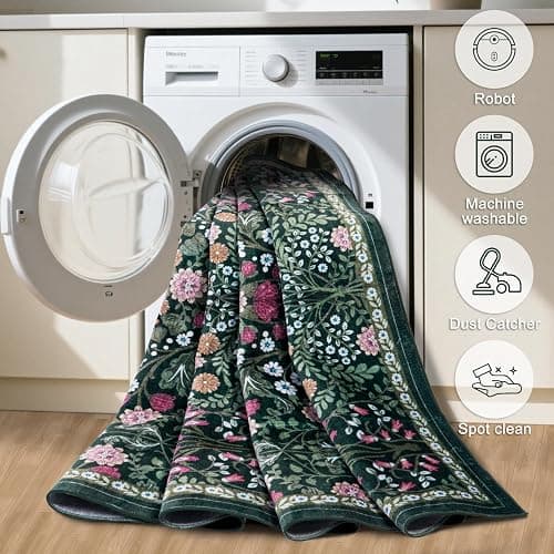 PLHXFR 8x10 Area Rug Living Room: Floral Washable Boho Carpet Dark Green | For Bedroom Dining Room Farmhouse Nursery Hallway,Vintage Floral,Machine washable,Non Slip,Stain Resistant,Large Indoor thumbnail 5
