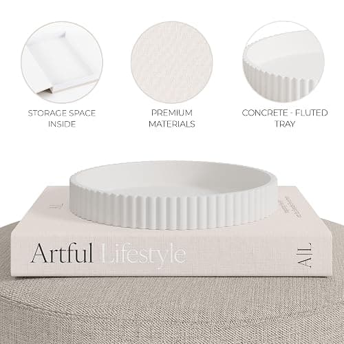 Decorative Concrete Tray & Book Decor Set - Scalloped Tray & Linen Box Enhance Your Coffee Table or Bookshelf Decor - Stylish Home Decoration for Your Living or Dining Room & as a Housewarming Gift thumbnail 7