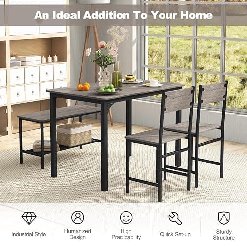 Giantex Dining Table Set for 4, Kitchen Table with Bench and Chairs, Industrial Gathering Bench Dining Set W/Metal Frame & Storage Rack, Dinette Set, Modern Functional Desk Set (Black Oak) thumbnail 9