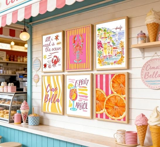 6Pcs Summer Coastal Poster Wall Art,Pink Orange Coastal Painting Picture Wall Decor,Amalfi Beach Canvas Print Artwork for Bathroom,Bedroom,Living Room,Beach House Home Decor,8x10 Inch Unframed thumbnail 8