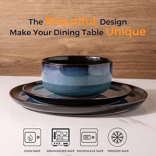 LeRatio Ceramic Dinnerware Sets for 6,Porcelain Plates and Bowls Sets,Handmade Reactive Glaze Dishes Set,Chip Resistant and Scratch Resistant | Oven&Dishwasher & Microwave Safe-Blue(18PCS) thumbnail 3