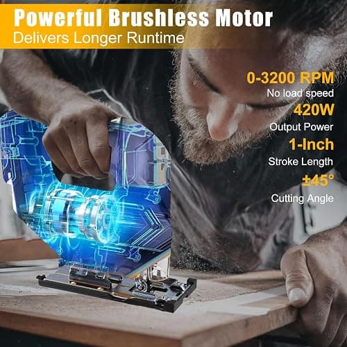 Cordless Jig Saw Compatible with Dewalt 20V Max Battery, Brushless Jigsaw For 3 Orbital Settings, 3200RPM, 0-45° Bevel Cuts, Jigsaw Tool with LED Light (Battery Not Included) thumbnail 7