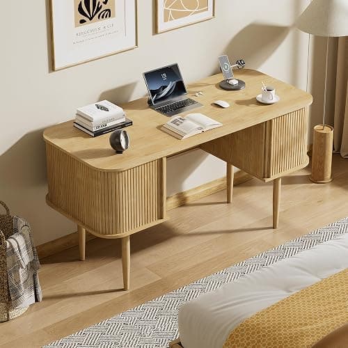 Furniway 55" Modern Writing Desk, Wood Home Office Desk, Natural | Sliding Door Storage, Computer Desk for Study, Bedroom, Living Room & Dorm thumbnail 7