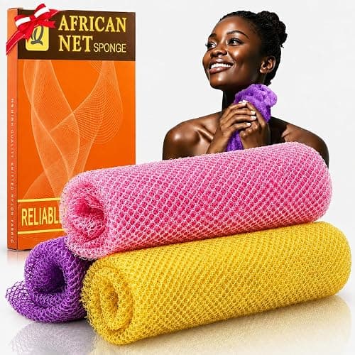 UJFQBH 3 Pack African Net Sponge, African Exfoliating Net Bath Sponge Long Net Bath Sponge Exfoliating Shower Body Scrubber Back Scrubber Skin Smoother,Great for Daily Use (Pink,Yellow,Purple) - Image 1